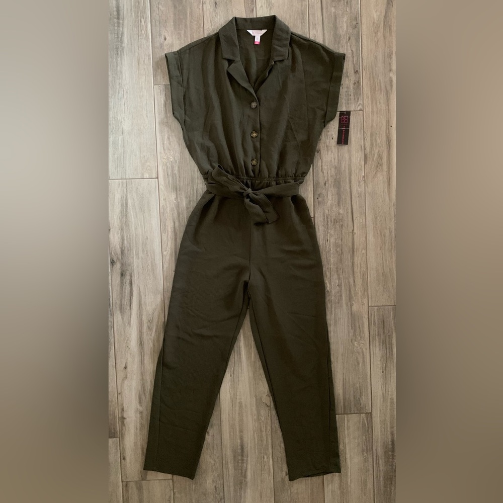 No Boundaries Olive Army Green Button Up Cropped Leg Jumpsuit Belt Size S (3-5)